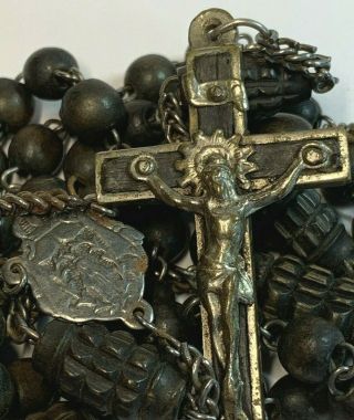 † 1800S ANTIQUE FRENCH PRIEST MADE HAND CARVED WOOD ROSARY & INLAY CRUCIFIX † 3