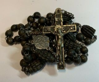 † 1800S ANTIQUE FRENCH PRIEST MADE HAND CARVED WOOD ROSARY & INLAY CRUCIFIX † 5