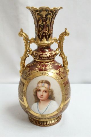 Vintage Royal Vienna Gold Encrusted 2 Handled Floral Figural Porcelain Vase Sign