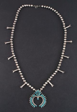 Authentic Western Zuni Indian Silver & Turquoise Naja Squash Blossom Necklace