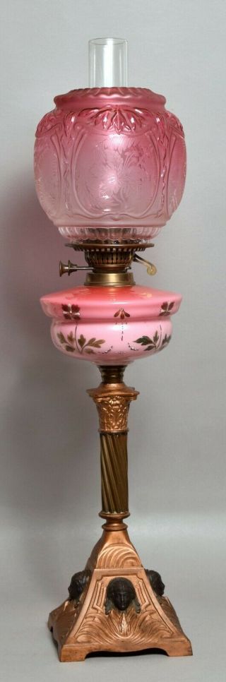 Wonderful Large Antique Egyptian Revival Oil Lamp,  Cranberry Glass Shade C.  1905