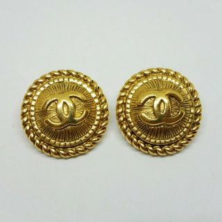 Authentic Rare Vintage Chanel Cc Logo Gold Round Hoop Clip Earrings