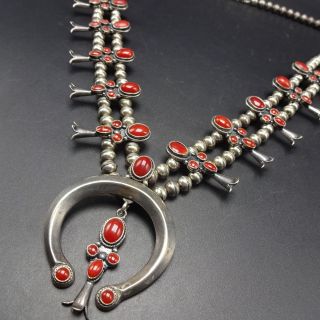Exquisite Vintage Navajo Sterling Silver Coral Squash Blossom Necklace