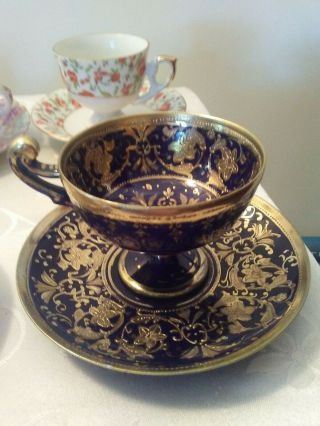Nippon Maple Leaf Dark Blue And Raised Gold Trim Tea Cup And Saucer