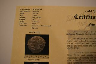 Rare ATOCHA 1622 - 8 REALES SILVER COIN - GRADE (2) - Mel Fisher Certificate - Numbered 4
