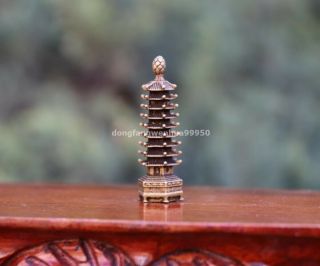 5 cm China Copper Bronze Buddhism Temple Wen Chang Pagoda Tower Stupa Statue 3