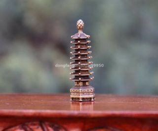 5 cm China Copper Bronze Buddhism Temple Wen Chang Pagoda Tower Stupa Statue 4