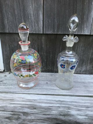 Victorian Perfume Or Toilet Water Bottles Hand Painted Blown Glass