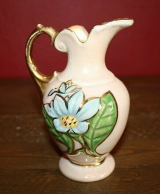 Hull Art Pottery Pitcher H - 3 - 5 1/2 " Pink With Blue Flowers,  Gold Trim