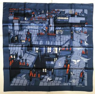 Hermes 90cm Silk Scarf Les Toits De Paris Rooftops Rare Grail Dark Blue