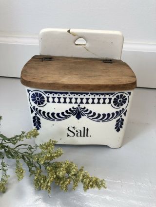 Antique German Salt Wall Box Painted Ceramic With Wooden Lid Navy Blue White
