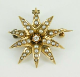 Vintage / Antique Victorian 14k Yellow Gold Diamond & Pearl Star Pendant / Pin