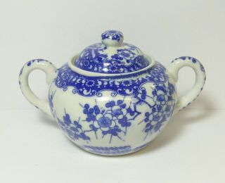 Antique Asian Porcelain Blue On White Cherry Blossom Sugar Bowl With Lid