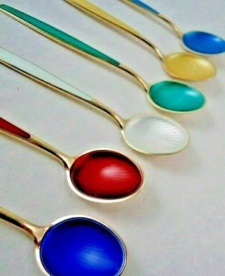 STERLING SILVER 6 CAFE DEMITASSE SPOONS ENAMELED GUILLOCHE DAVID ANDERSEN c1920s 2