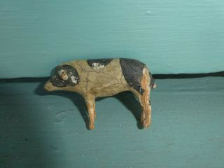 Antique German Putz Paper Mache &wood Stick Leg Animal Black Gray Spotted Pig Tr