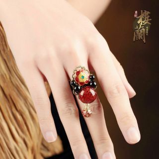 Chinese Antique Cloisonne Red & Black Agate Jade Copper Bronze Adjustable Ring