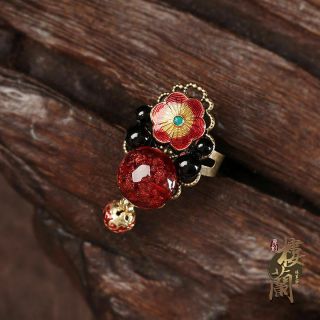 Chinese antique Cloisonne RED & BLACK agate jade copper bronze Adjustable ring 3