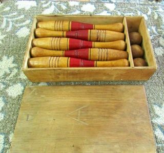 1890s - - 1911 Parlor Bowling Set 10 Pins 3 Balls Hard Wood Pins W/box Very Rare