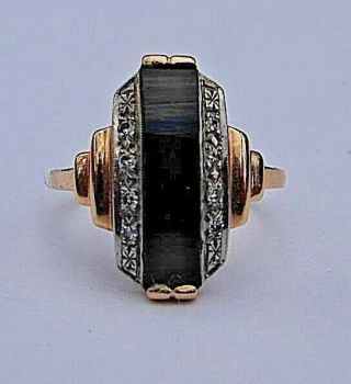Elegant Art Deco 14k Gold Onyx & Diamond Ring Size 5.  5