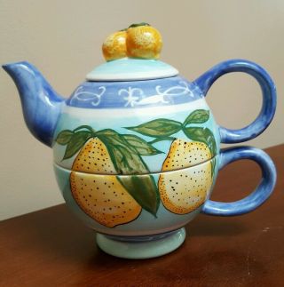 Zrike Lemons Tea For One Teapot Cup Ceramic Blue Yellow Citrus