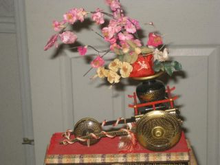 Vintage Japanese Miniature Hina Doll Black Lacquer Wooden Flower Cart