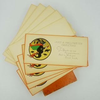 Vintage 1930s Gibson Halloween 5 Greeting Cards Envelopes Witch Bats,  Box