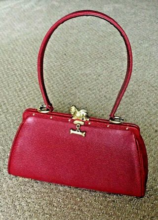 Rare Barry Kieselstein - Cord Red Leather Trophy Satchel Bag Purse Gold Dog & Bone