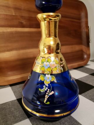 Vintage Decanter Hand Painted Blue Glass Trimmed In Gold Accents 