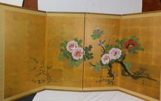 Vintage Japanese Hand Painted Folding Screen Birds Flowers Wall Hanging 36x70