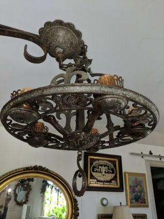 Antique Gothic Revival Arts Craft Art Deco Cast Iron Chandelier Fixture