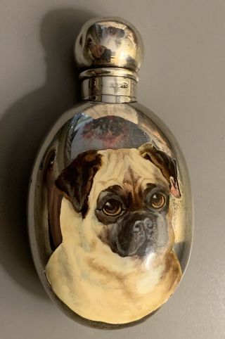 Rare Sampson Mordan Solid Silver And Enamel Pug Dog Perfume Bottle - London 1890