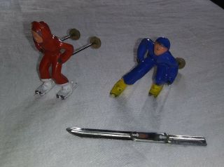 2 Antique Lead Men Figures - X - Mas Skiers Barclay/manoil