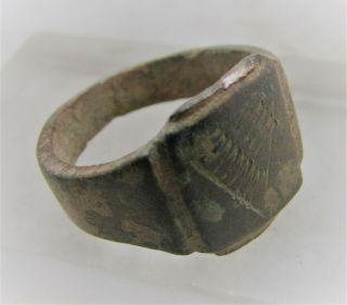 Lovely Post Medieval Bronze Signet Ring With Decorated Bezel