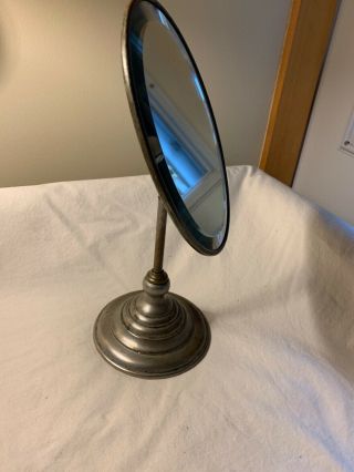 Vintage Antique Silver Or Pewter ?? Metal Oval Tilting Table Top Vanity Mirror