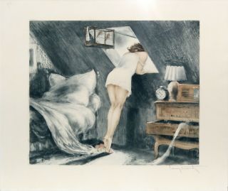 Louis Icart Attic Room Orig Etching With Hand Water Coloring Rare Blue Version