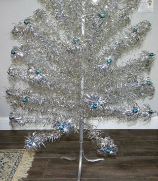 Vtg 6 ' Aluminum Christmas Tree Silver Pom Pom w/ Blue Shiny Brite Balls on Tips 3
