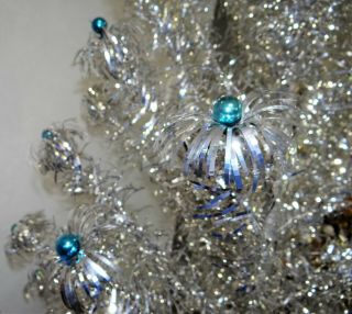 Vtg 6 ' Aluminum Christmas Tree Silver Pom Pom w/ Blue Shiny Brite Balls on Tips 4