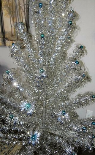 Vtg 6 ' Aluminum Christmas Tree Silver Pom Pom w/ Blue Shiny Brite Balls on Tips 5