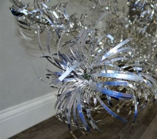Vtg 6 ' Aluminum Christmas Tree Silver Pom Pom w/ Blue Shiny Brite Balls on Tips 7