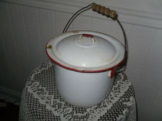 Antique - Vintage White W/red Trim Porcelain Enamel Chamber Pot With Lid