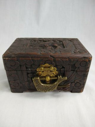 Vintage Hand Carved Locking Wooden Good Luck Chest Wood Box Made In Hong Kong