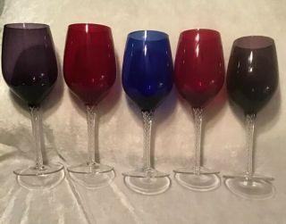 Vintage Colored Crystal Air Twist Clear Hollow Stem W 4 Woven Glass Spiral 5 Pc