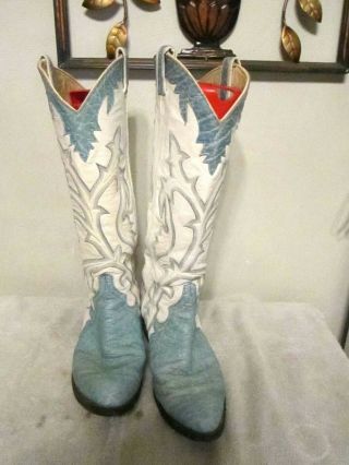 RARE Men ' s Larry Mahan Vintage whie/teal blue tall cowboy western boots 495 9.  5 2