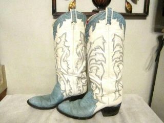 RARE Men ' s Larry Mahan Vintage whie/teal blue tall cowboy western boots 495 9.  5 4
