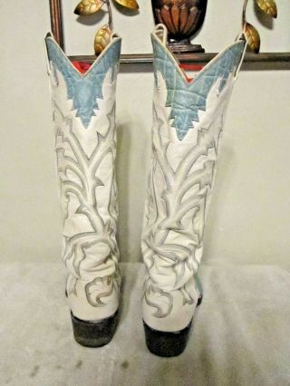 RARE Men ' s Larry Mahan Vintage whie/teal blue tall cowboy western boots 495 9.  5 5