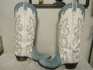 RARE Men ' s Larry Mahan Vintage whie/teal blue tall cowboy western boots 495 9.  5 8