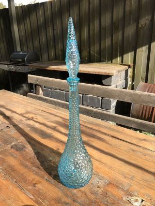Vintage Italian Rare Light Blue Hobnail Glass Genie Bottle Decanter With Stopper