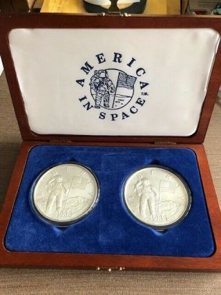 1988 America In Space Extremely Rare Wooden Boxed Set 12 & 6 Oz Pure Silver Set