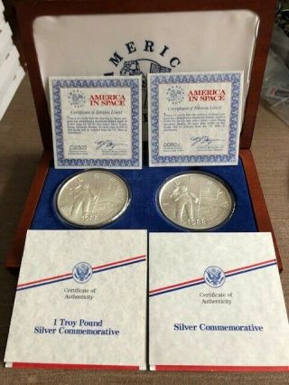 1988 AMERICA IN SPACE EXTREMELY RARE WOODEN BOXED SET 12 & 6 OZ PURE SILVER SET 3