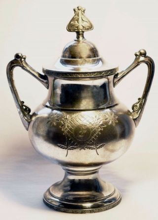 Meriden Silverplate Urn Vase W/ Handles,  Lid,  Floral & Lattice Monogram F